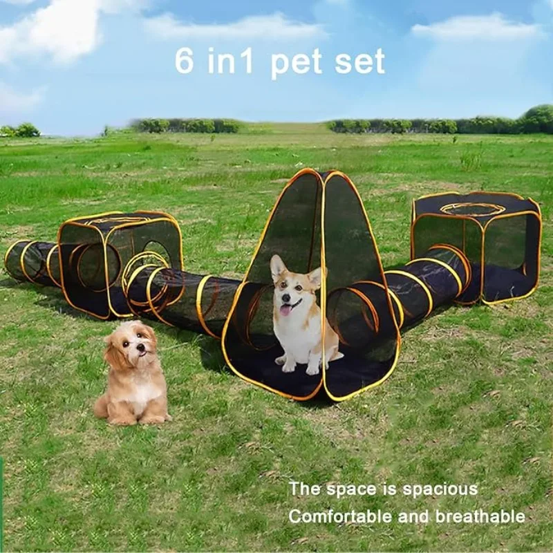 Outdoor Camping Dog Fence - 6-in-1 Tent Cat Enclosures with Tunnel