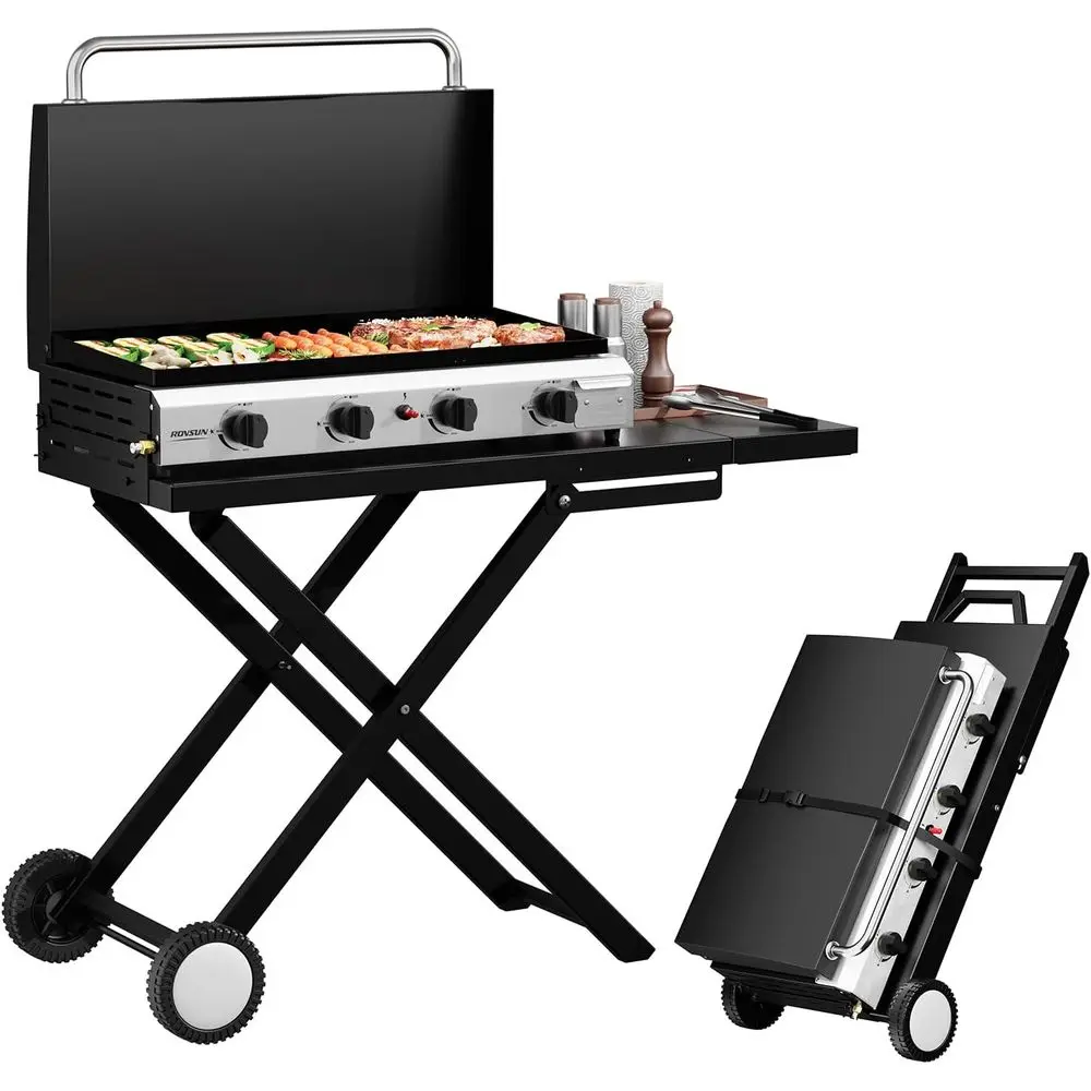 Outdoor Camping Griddle - Portable 4-Burner Propane Griddle with Wheels,
